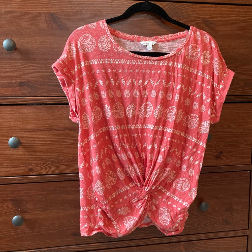 Lucky Brand Coral Twist Front Boho Floral Tee Nature Print Top Size S